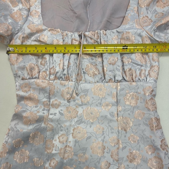 Majorelle Baby Blue Puff Sleeve Mini Dress with Peach Floral Print. Size Small - Picture 4 of 10